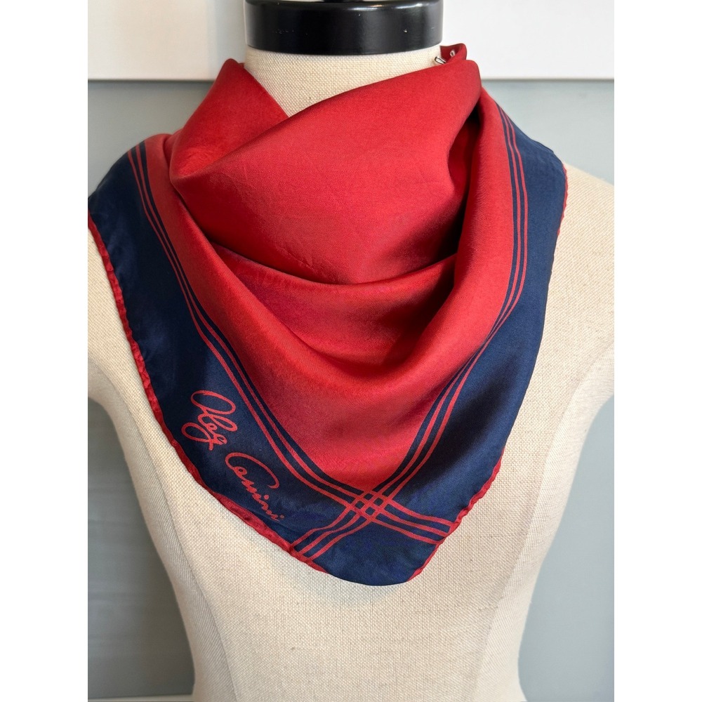 Oleg Cassini Red Navy Blue Silk Square Scarf Made in Italy Hand Rolled 26in
